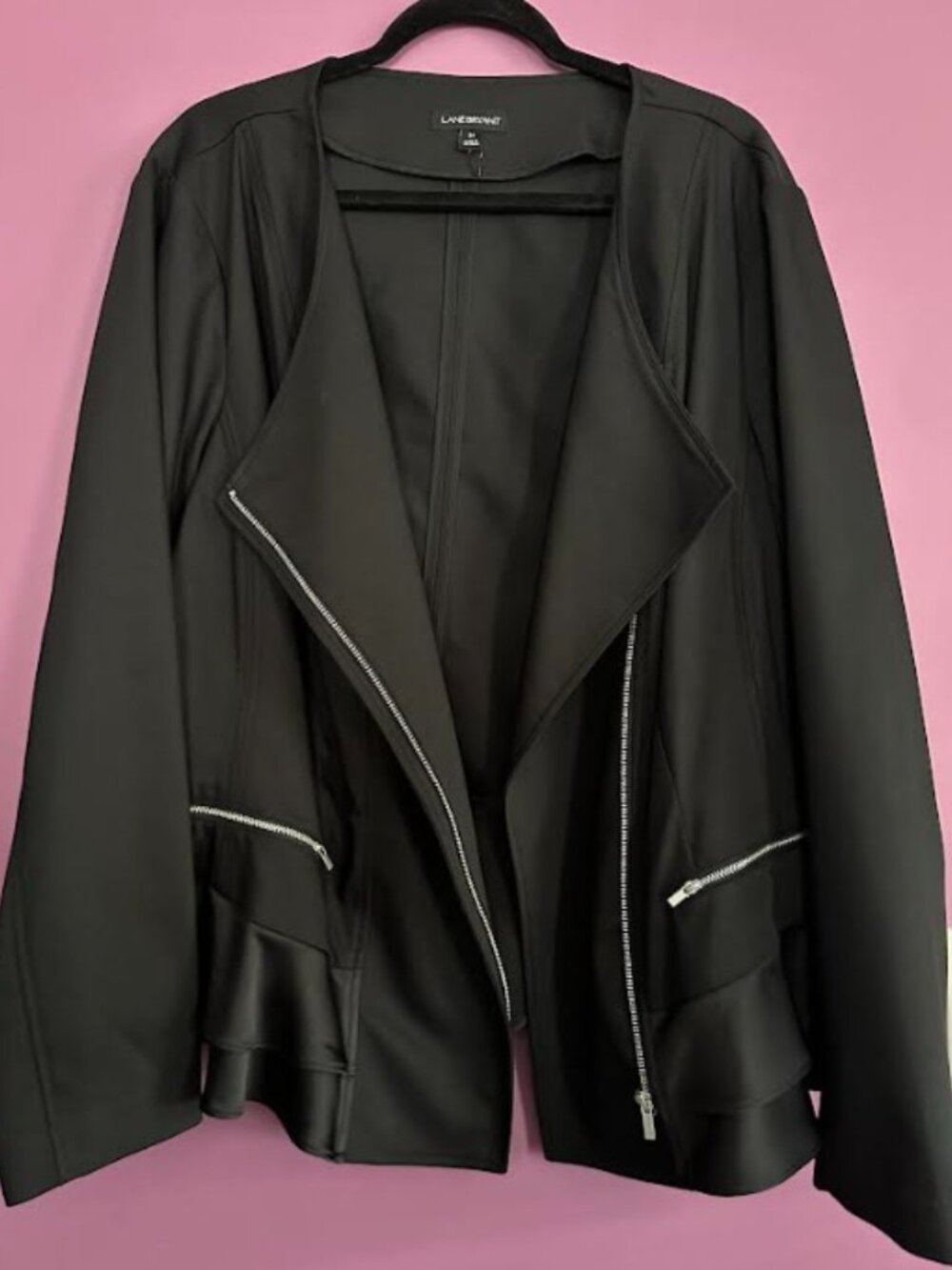 Lane Bryant Size 26 Moto Jacket Black Peplum Ruffle Asymmetrical Zip Stretch - Picture 2 of 5